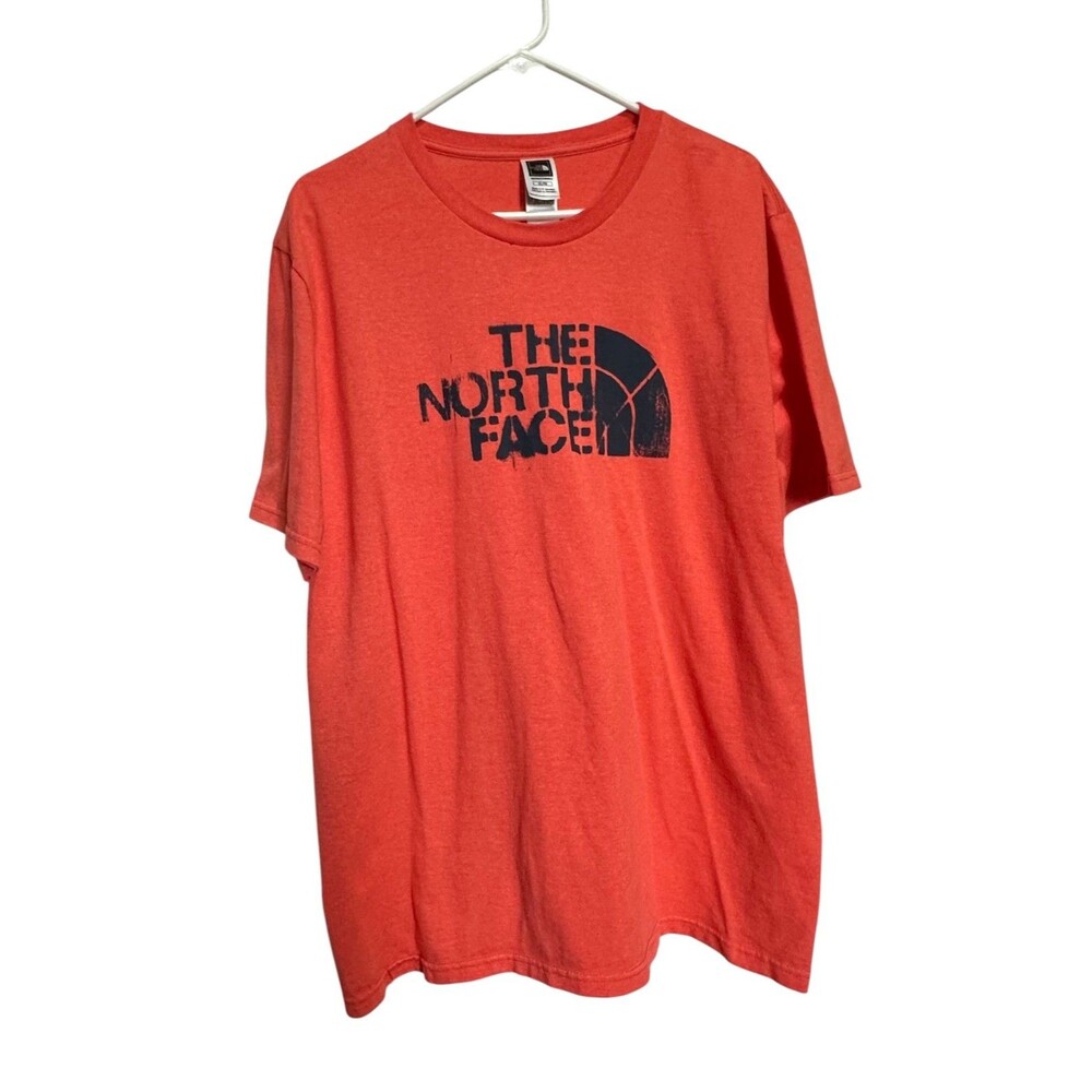 The North Face Mens Sz XL Short Sleeve T Shirt Orange Black Front Letters Logo